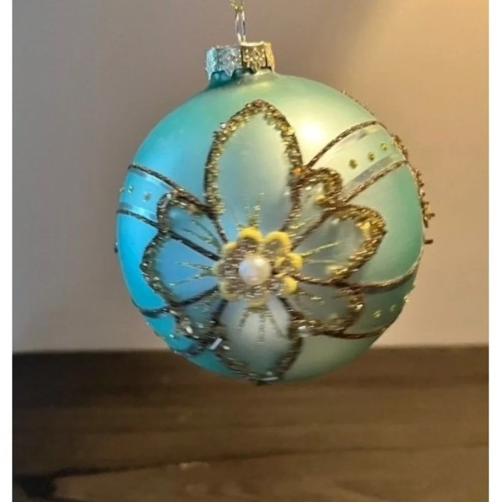 Mark Roberts Teal Blue Floral Glass Christmas Ornament Beaded Glitter Pearl